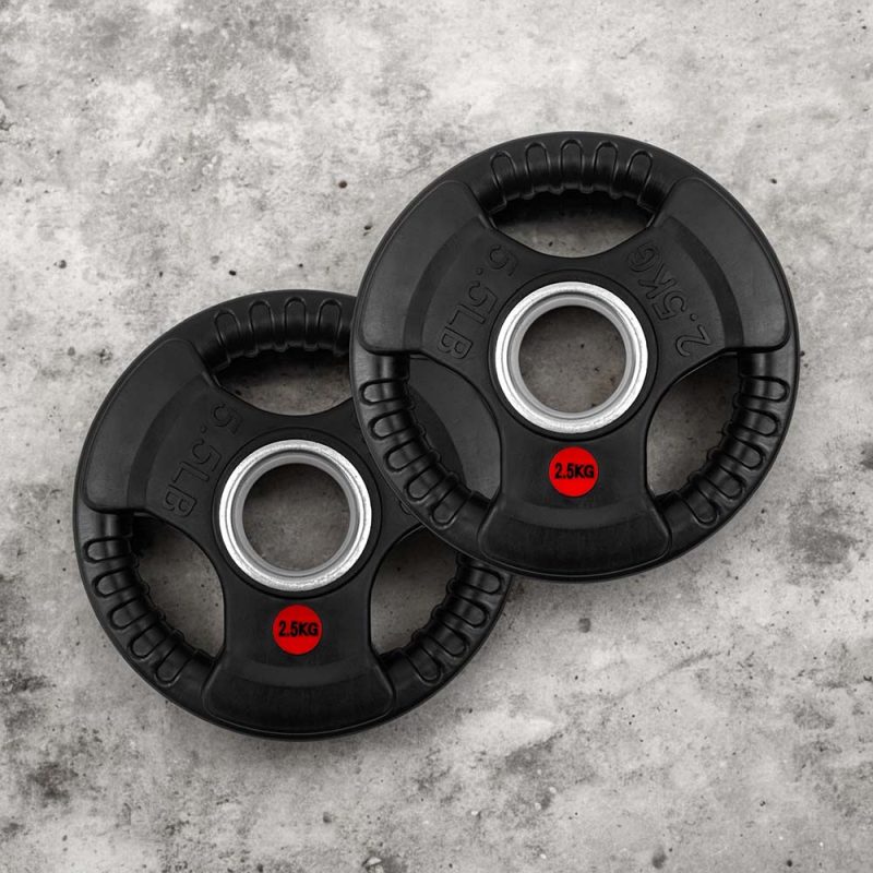 Tri Grip Weight Plate 2,5 KG bovenaanzicht set van 2 op vloer